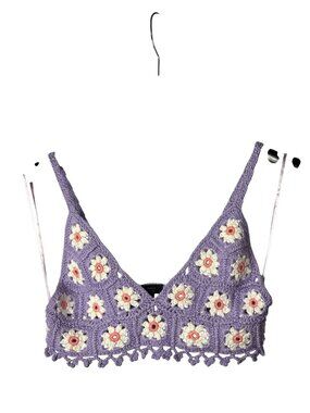 Debut Womens Crop Top Size S/M Floral Crochet Granny Square Purple White Peach